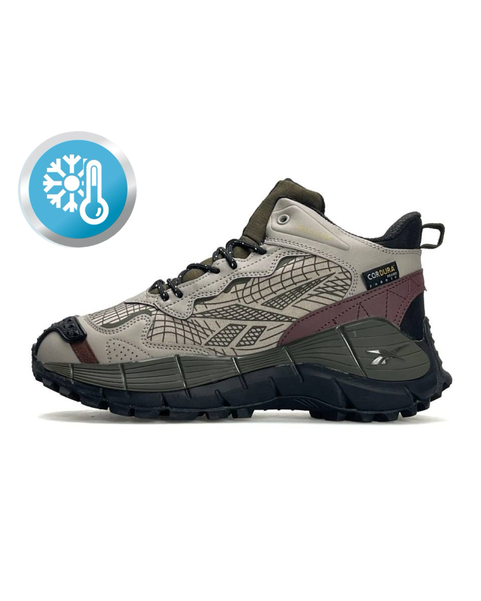 Кроссовки Reebok Zig Kinetica 2.5 Edge Fur текстильные бежевые с хаки зимние с влагозащитой спортивная обувь