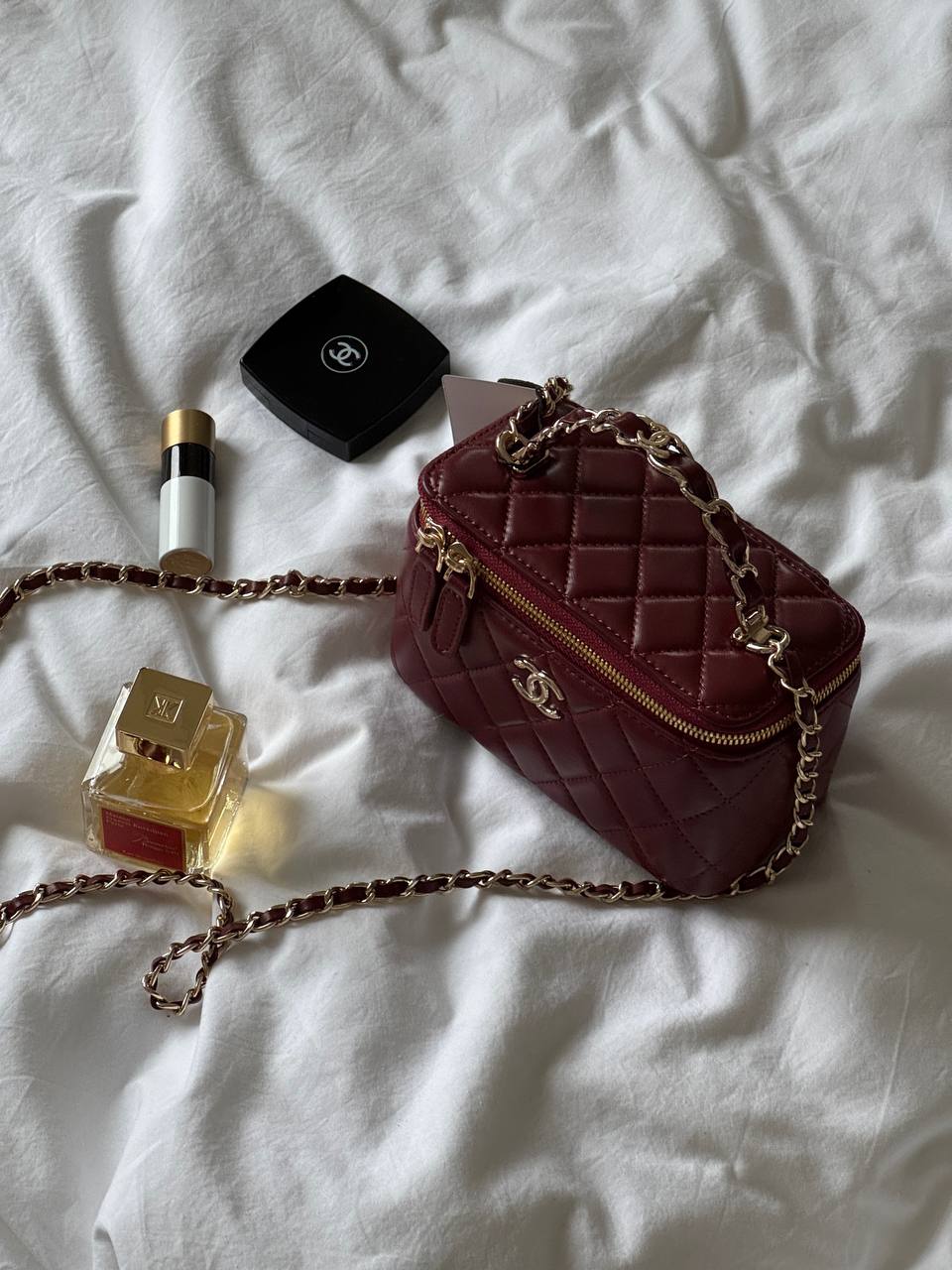 Chanel Classic Burgundy Lambskin Pearl Crush Vanity Bag Gold