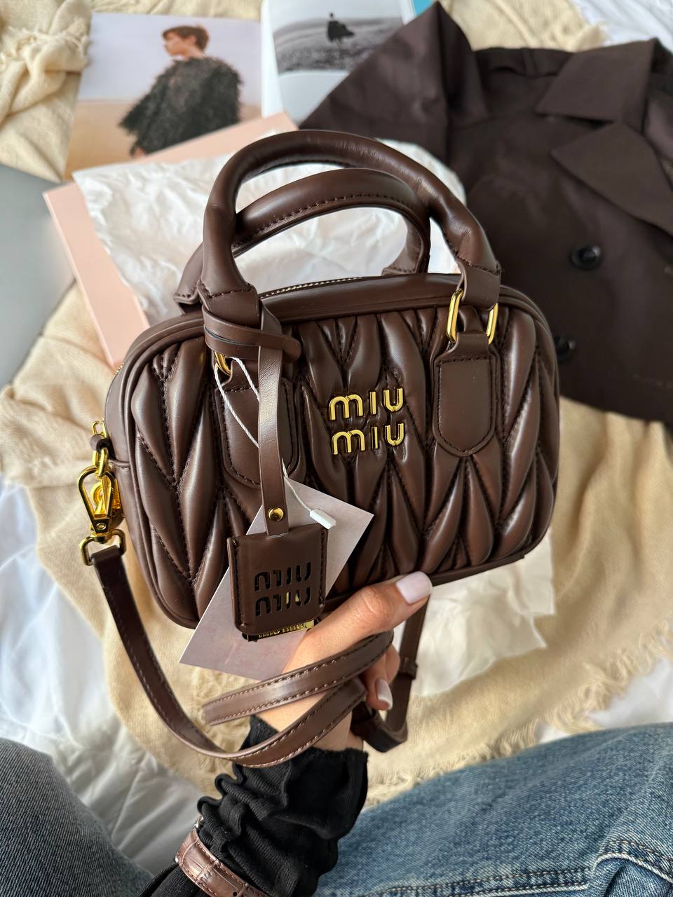 Miu Miu Arcadie Matelassé Nappa Leather Bag Brown [оригінальна коробка] 19 х 13 х 5,5 — головне фото товару