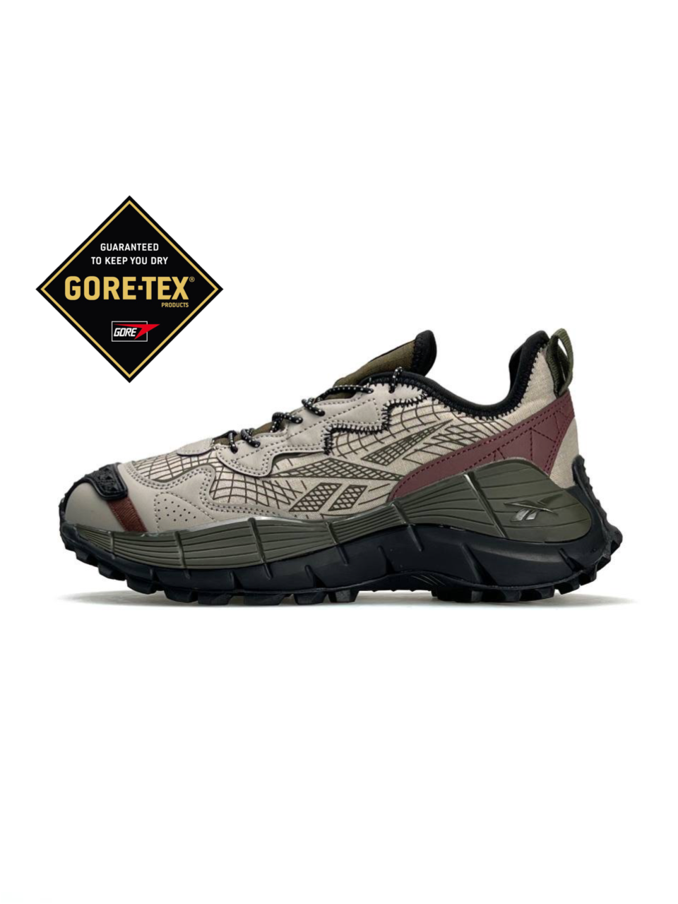 Кроссовки Reebok Zig Kinetica 2.5 Edge GTX текстильные бежевые с хаки демисезонные с влагозащитой повседневные