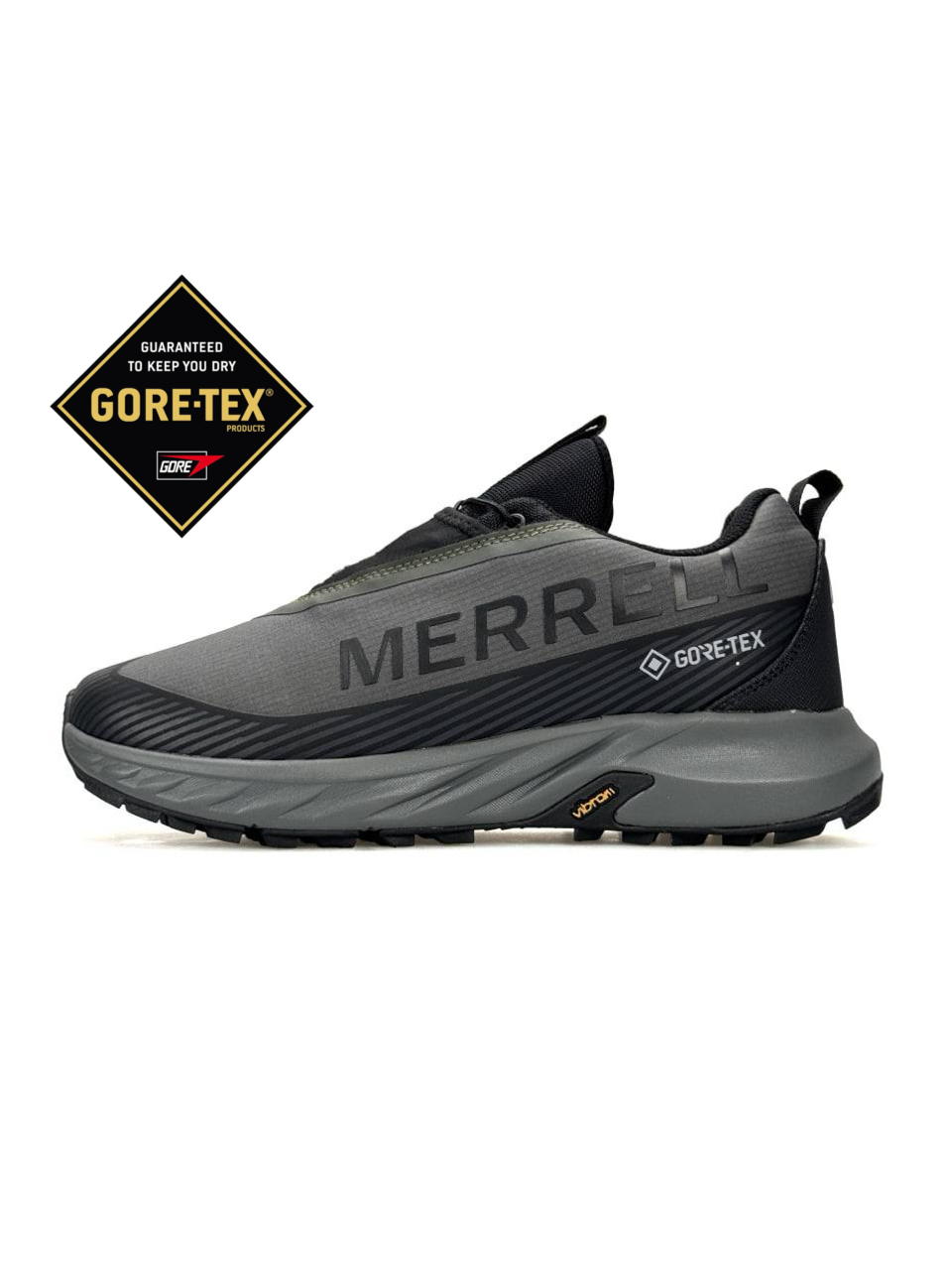 Кроссовки Merrell Agility Peak 5 GTX текстильные серые с черным демисезонные с влагозащитой спортивная обувь