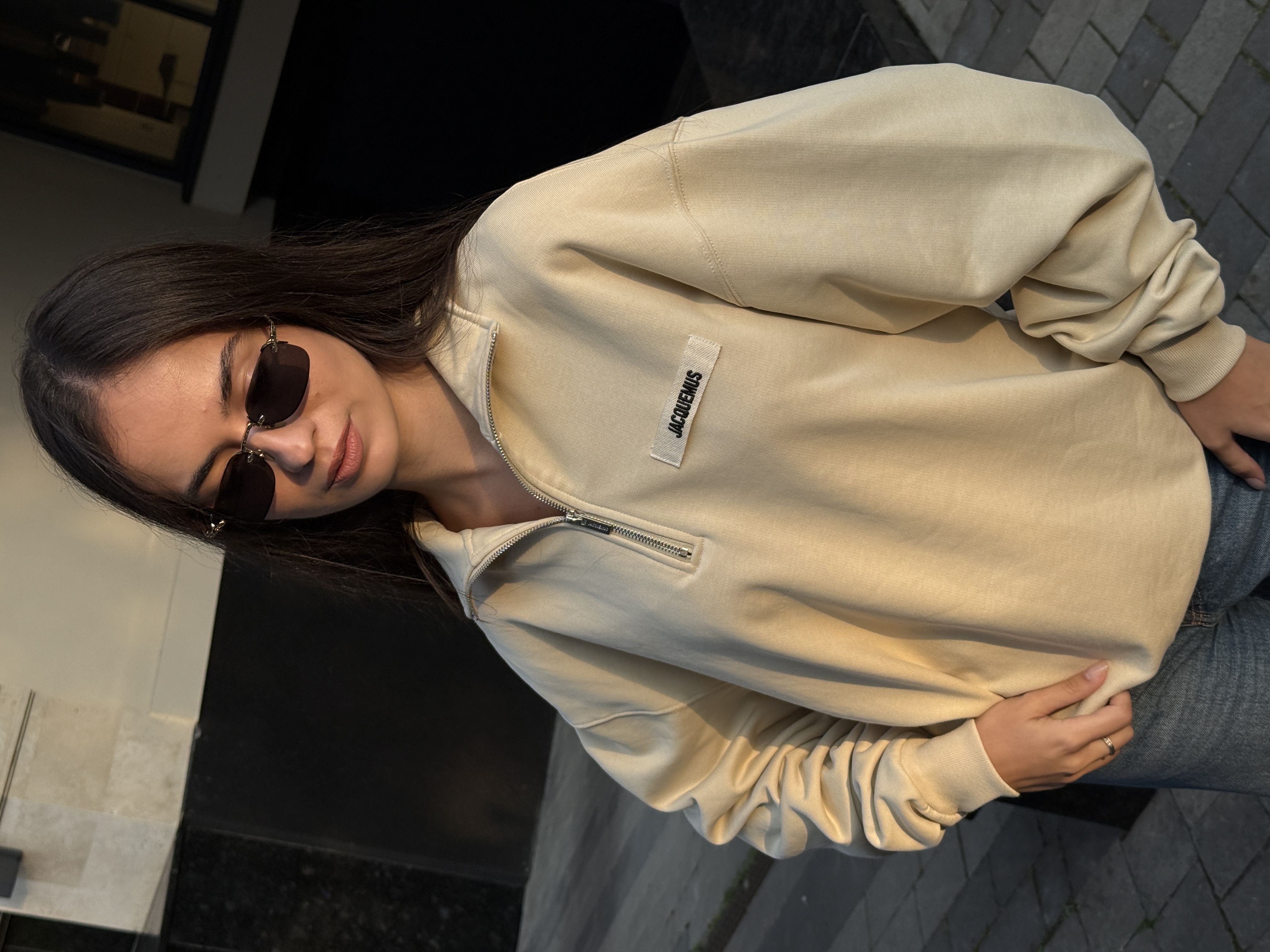 Jacquemus High Collar Half-Zip Grosgrain Sweatshirt Beige