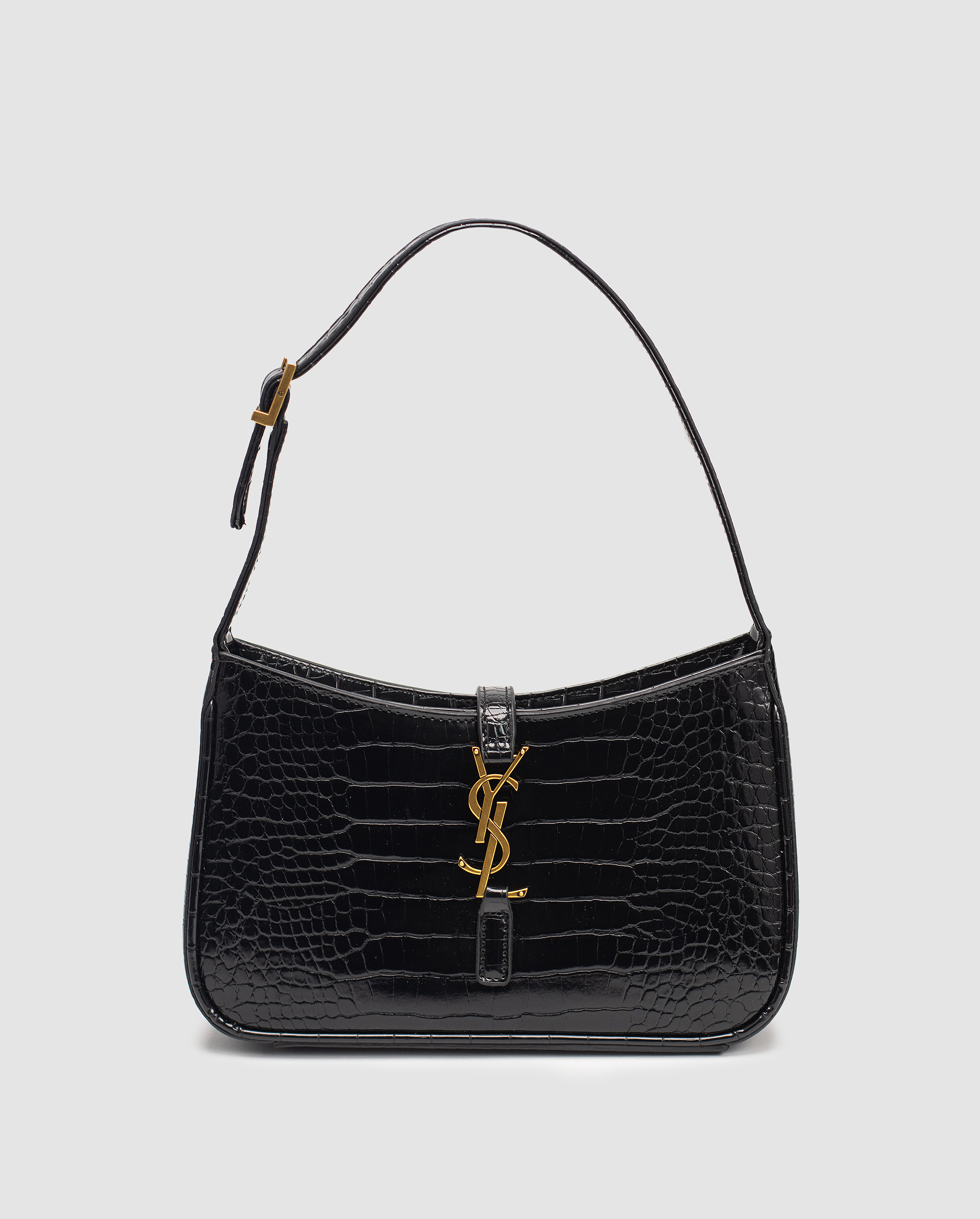 Saint Laurent Hobo Le 5 A 7 in Crocodile-Embossed Shiny Leather in Black