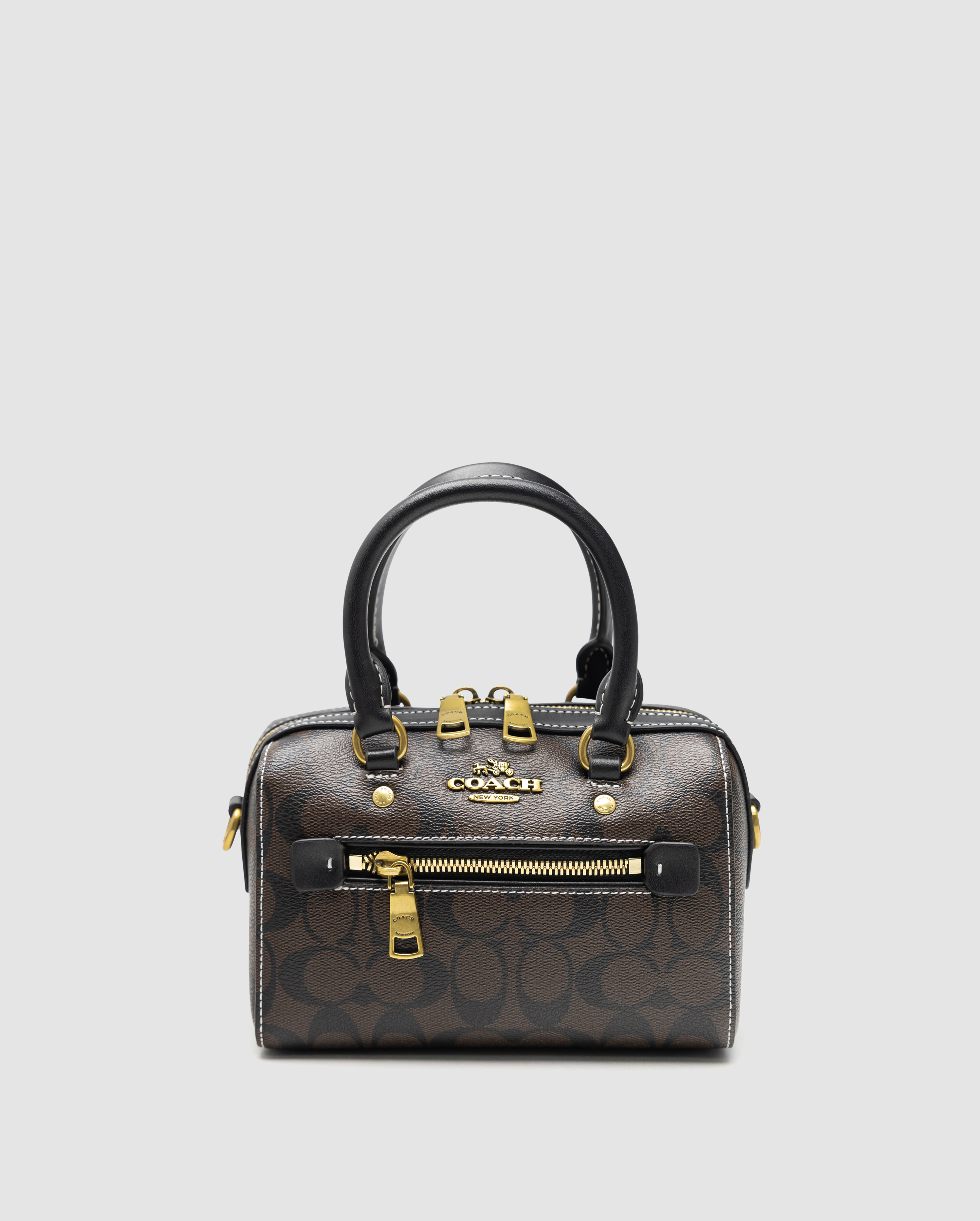 Coach Rowan Satchel Zip In Signature Canvas Brown with White Stitches