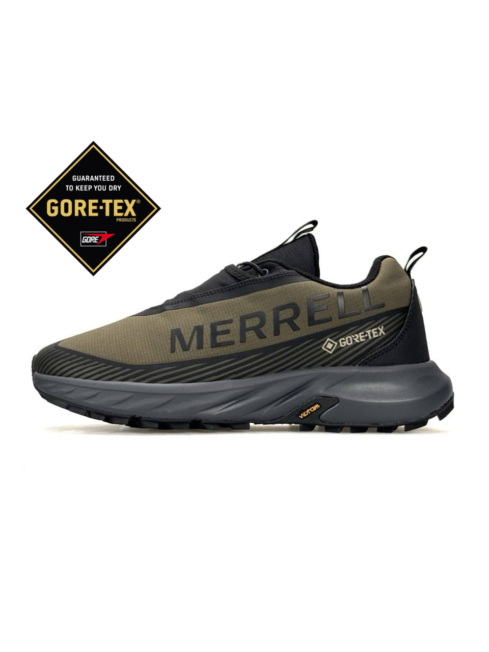 Кроссовки Merrell Agility Peak 5 GTX текстильные цвета хаки с серым и черным демисезонные с влагозащитой