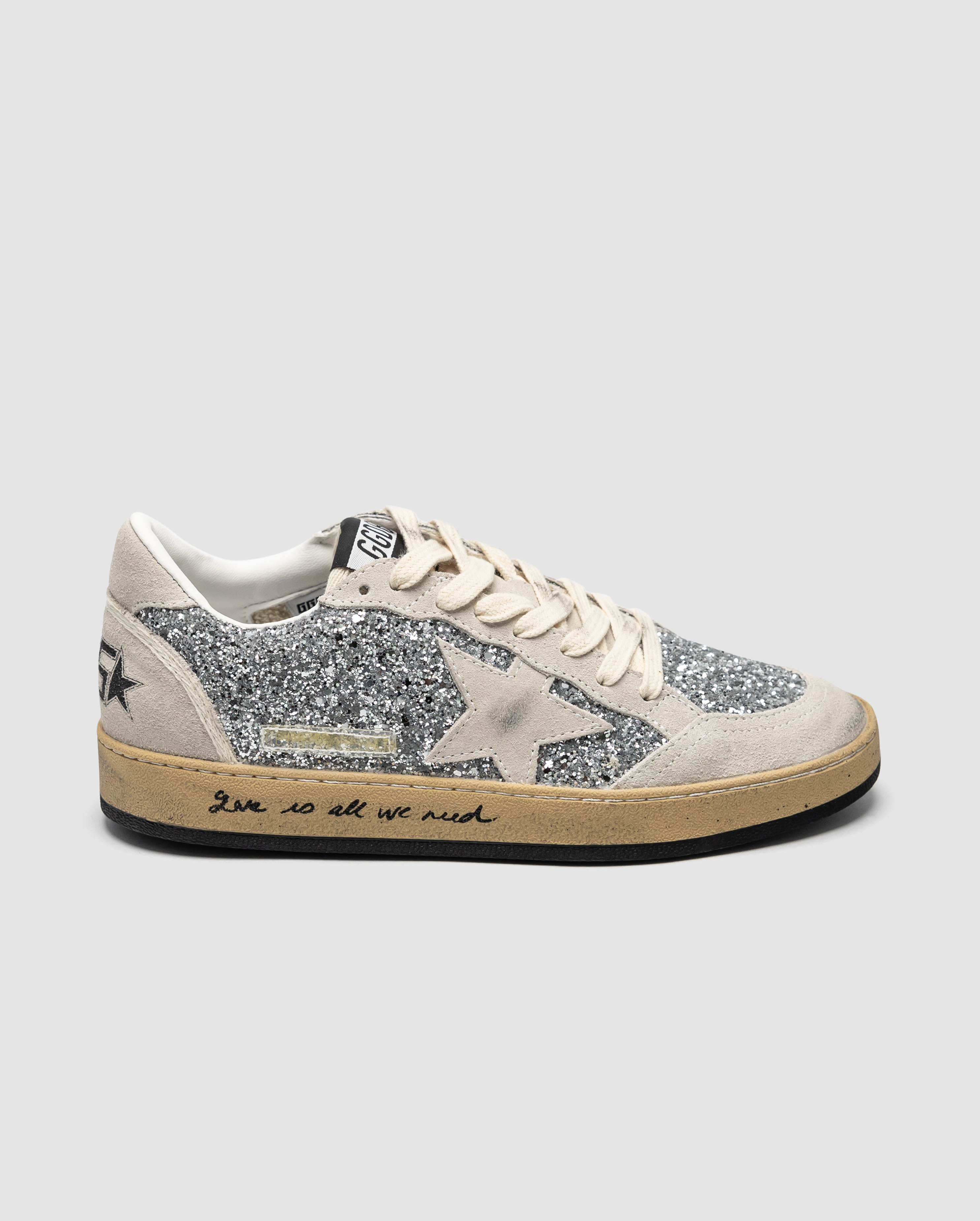 Golden Goose Ball Star in silver glitter with ice-gray suede inserts