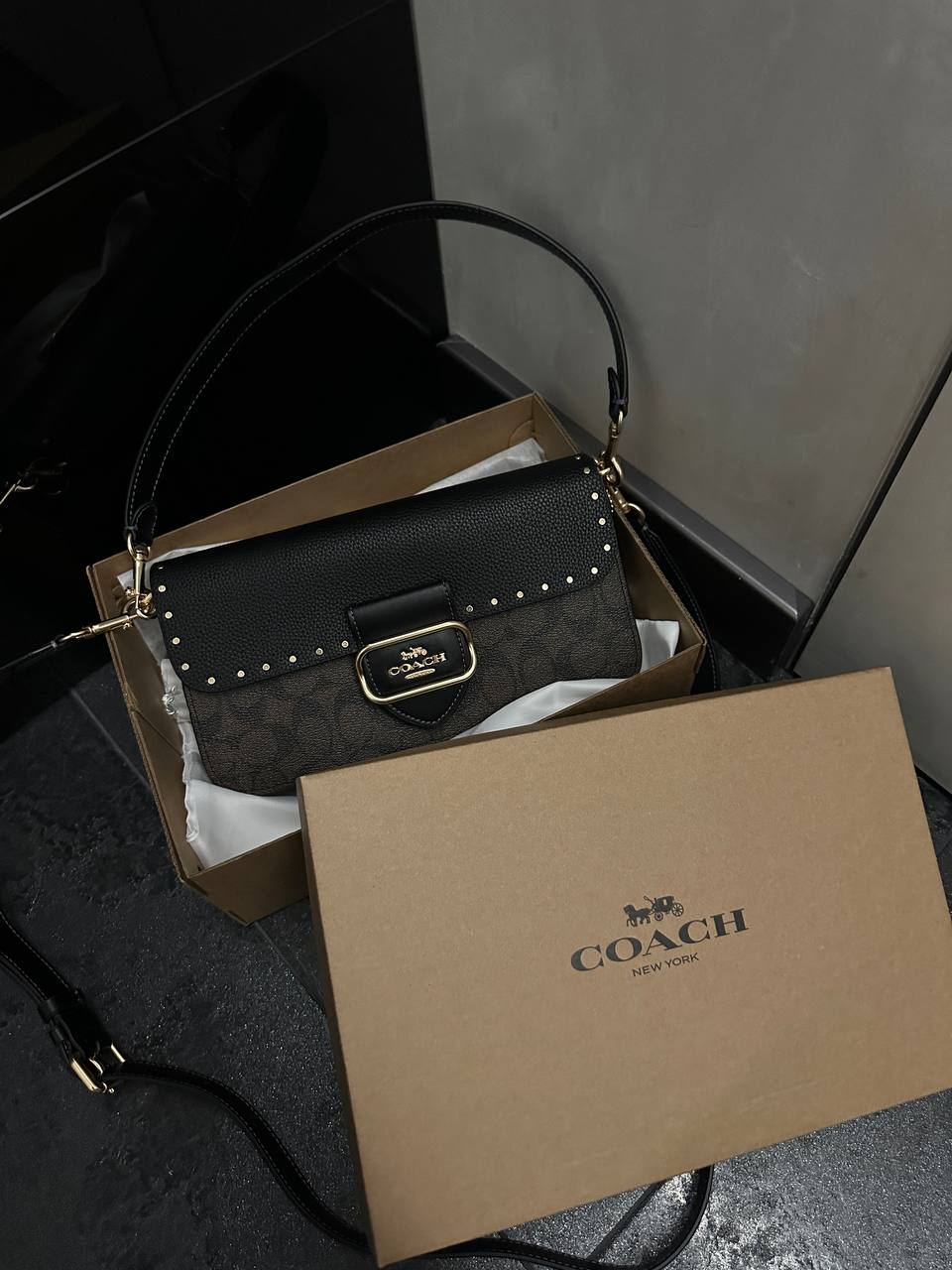 Coach Morgan Shoulder Bag Brown/Black With Rivets