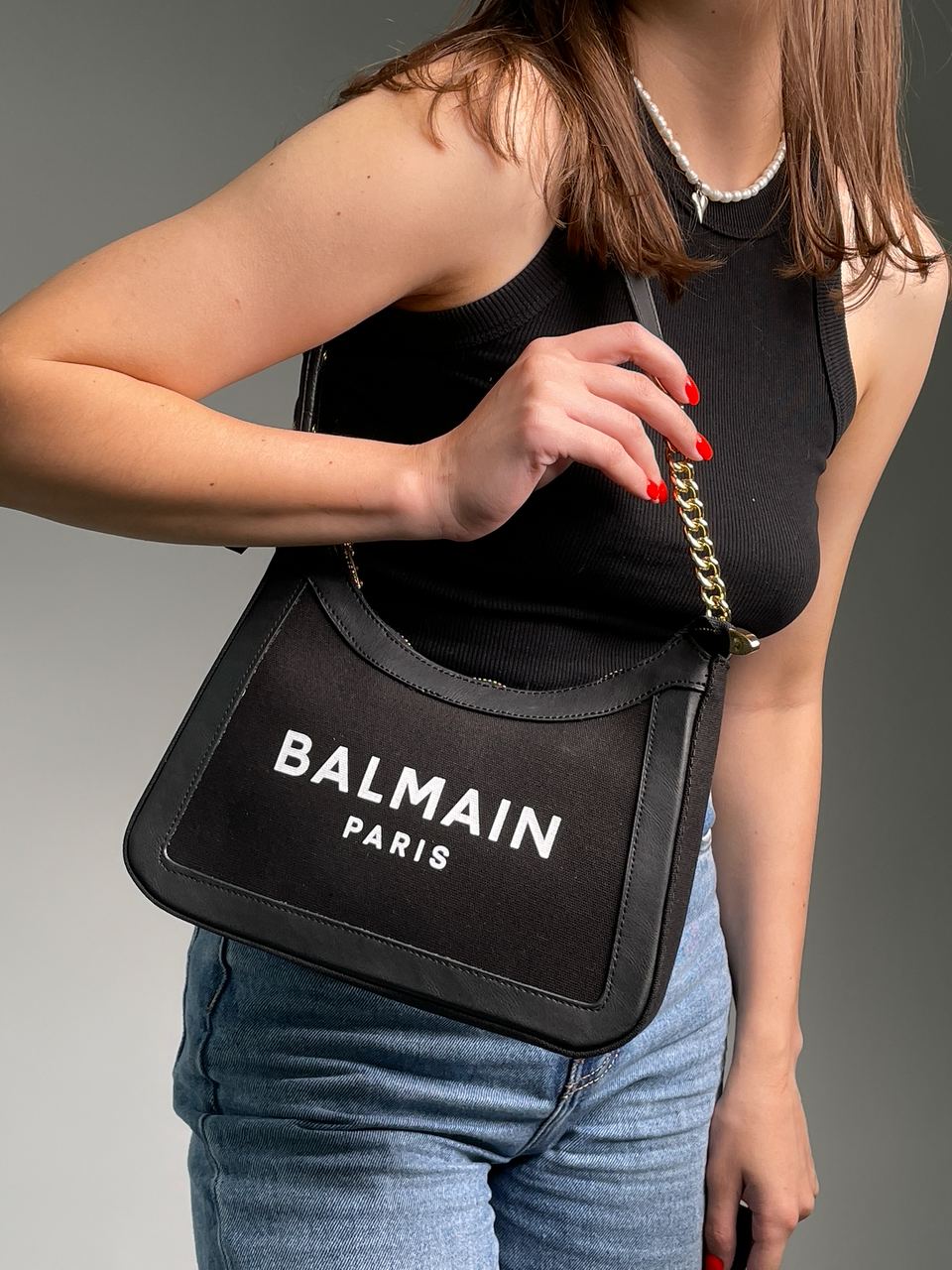Balmain B-Army Canvas Leather Shoulder Bag Total Black