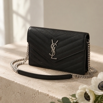Yves Saint Laurent YSL cassandre matelasse chain wallet in grain de poudre embossed leather, фото 5