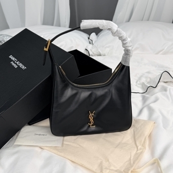 Saint Laurent Saint Laurent Black Leather Hobo Bag with Gold Hardware