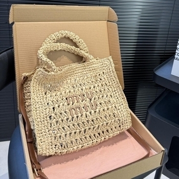 Miu Miu Miu Miu Crochet Raffia Tote Bag with Brown Leather Strap