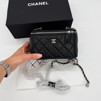 Chanel Chanel Mini Vanity Case in Black Lambskin with Silver-Tone Hardware and Ball Charm Chain