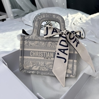 Dior Dior Mini Book Tote Grey Toile de Jouy Embroidery