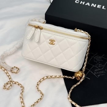 Chanel Chanel Mini Vanity Case in White Lambskin with Gold-Tone Hardware and Ball Charm Chain