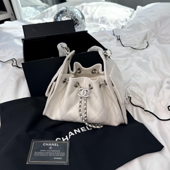 Chanel Chanel 25 Small Handbag White Lambskin with Silver Hardware