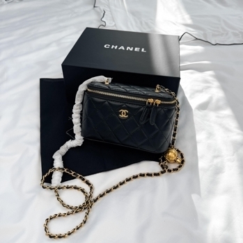 Chanel Chanel Mini Vanity Case in Black Lambskin with Gold-Tone Hardware and Ball Charm Chain